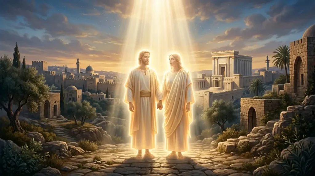 Jesus and another figure stand before a city, illuminated by a radiant light shining down from above.